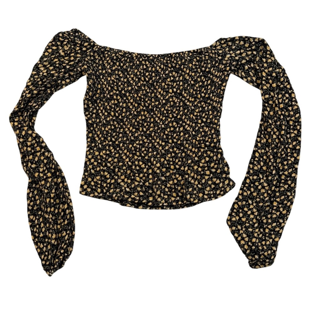Hollister XS Black Floral Smocked Off The Shoulder Long Sleeve Crop Top Boho